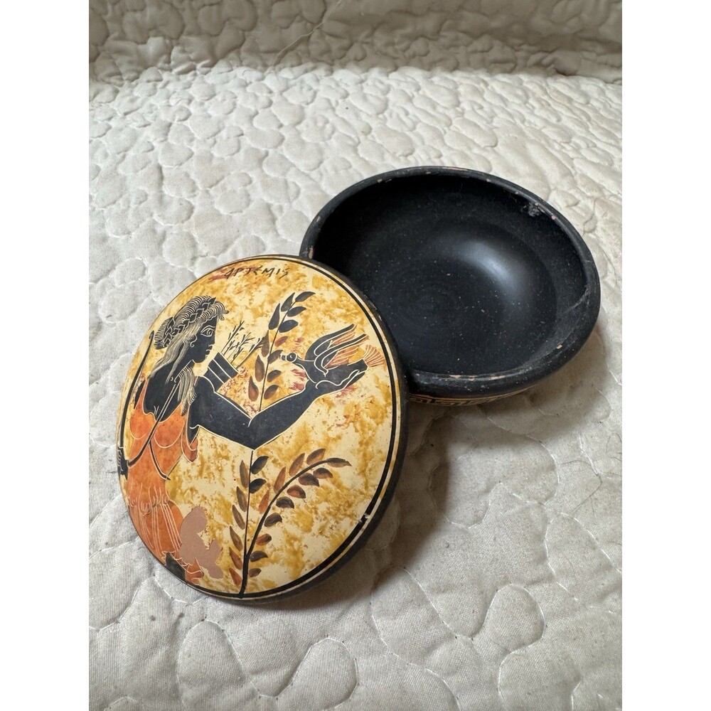 Vintage Handmade Greek Pottery Trinket Box Artemis Greece A. Koulvara Lid Box